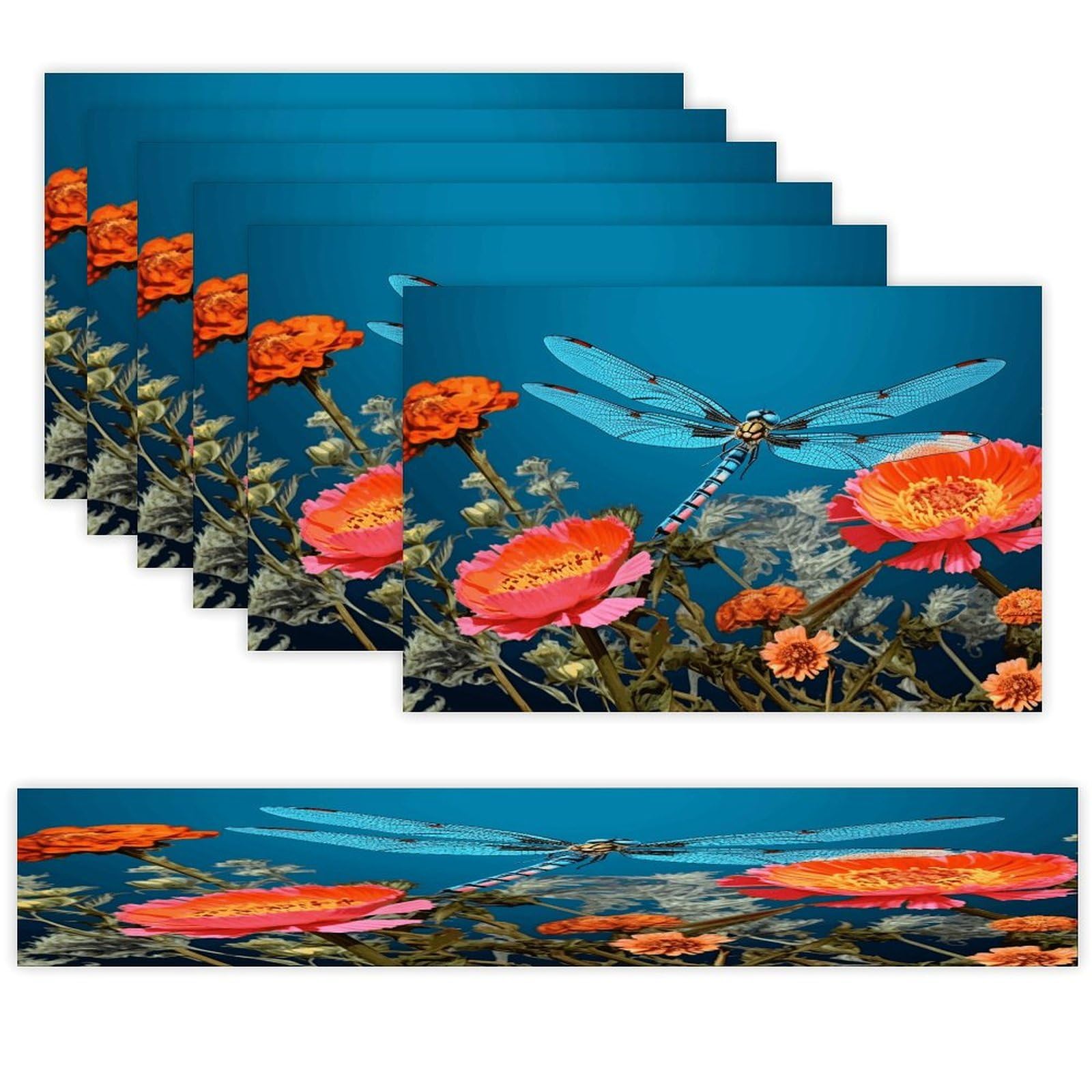 Dragonfly and Flower Table Runner and Placemats Set of 6 for Kitchen Washable Table Mats Heat Resistant Place Mats Non-Slip Place Mat Wipeable Placemat(6 Placemats+1 Table Runner)