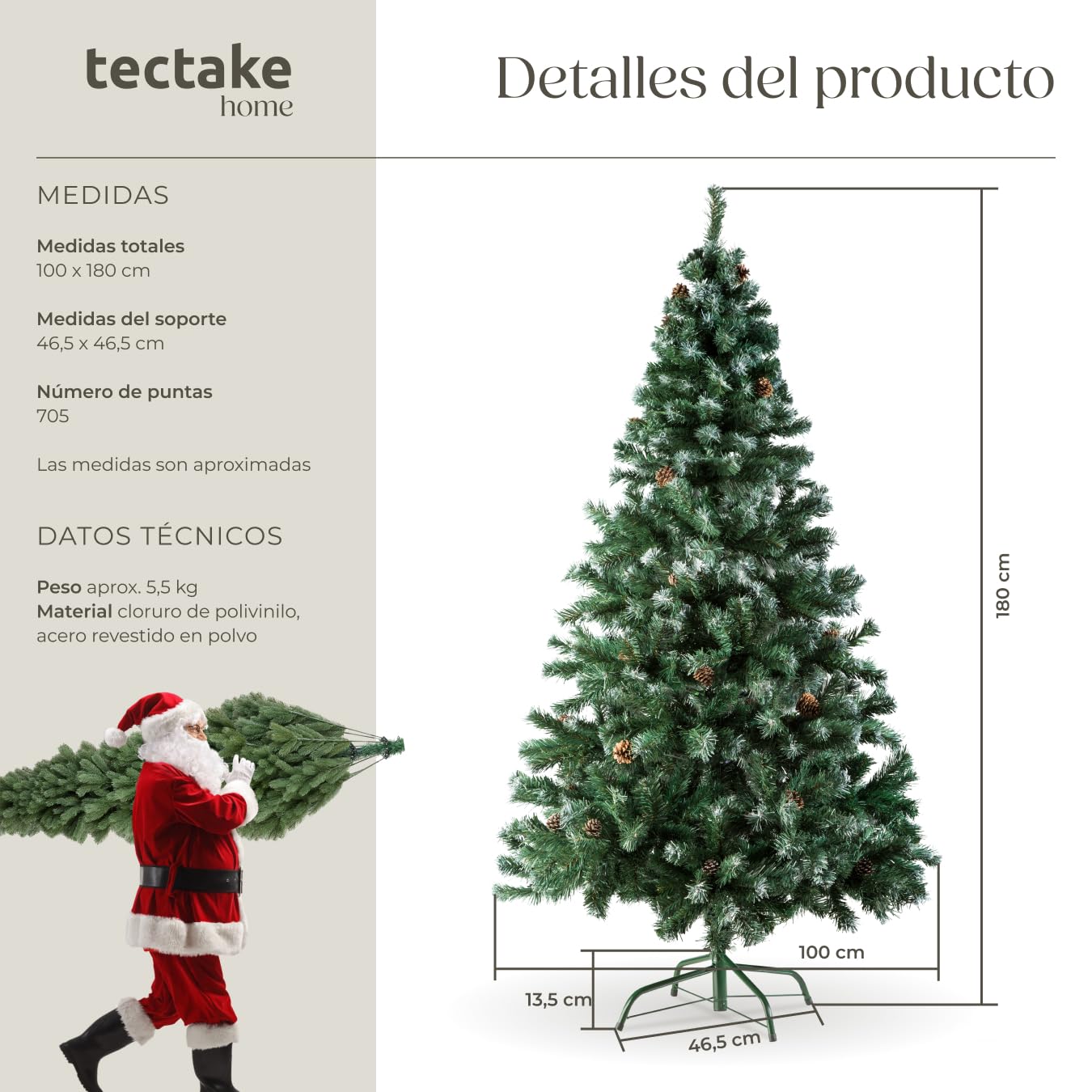 TecTake® Árbol de Navidad Artificial Abeto con Soporte Metálico Plegable y Topes, 180cm y 705 Ramas, Verde