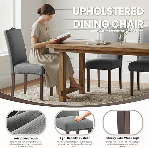 Miniatura 4 de Juego de 4 sillas de comedor Parsons tapizadas suaves y cómodas con cojín de alta densidad y patas de madera maciza, elegante ribete de cabeza de