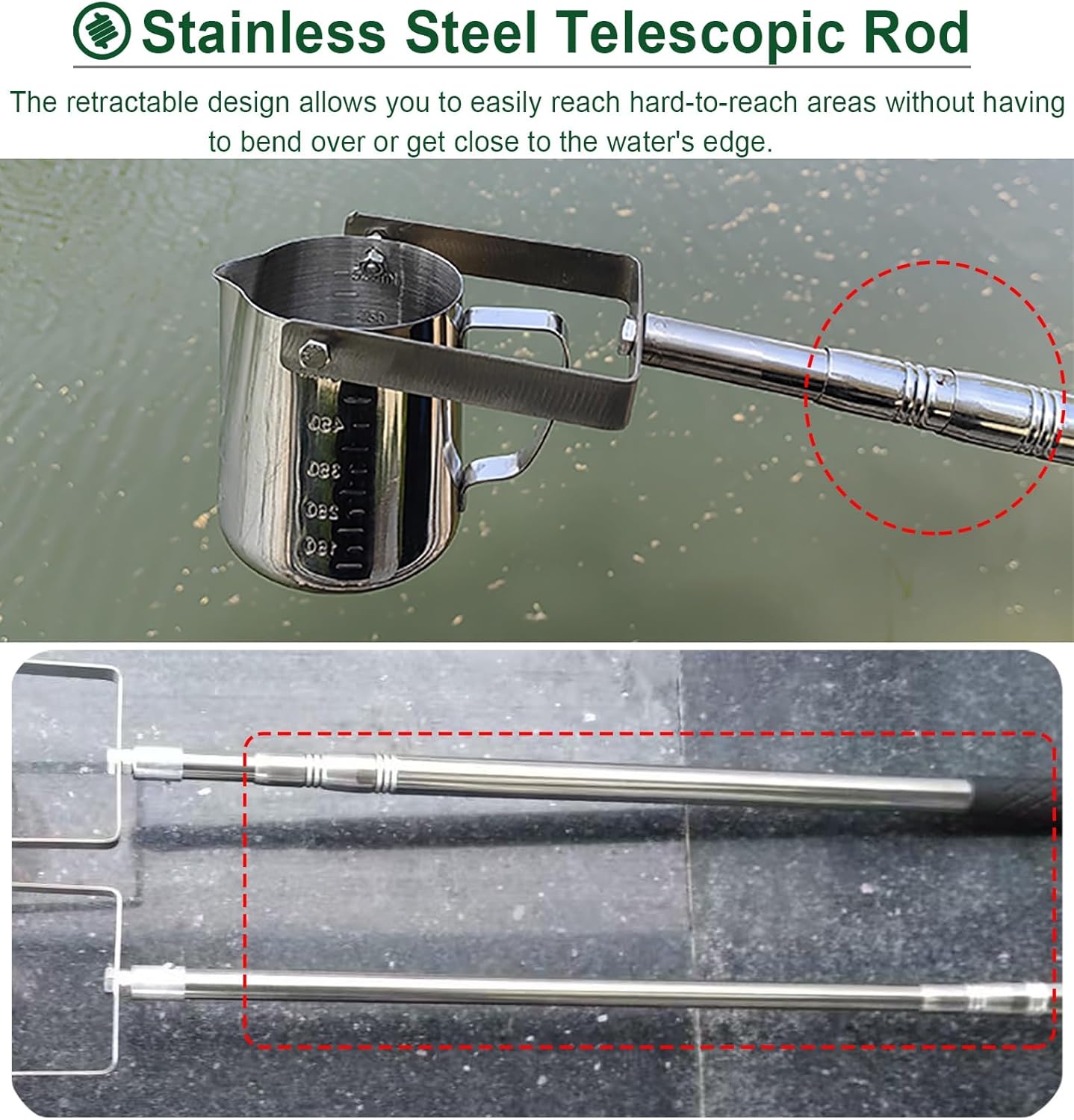 Water Sampler Extendable Pond Water Sampler Pole, Water Sampling Dipper with Graduated Scale, Swing Metal Liquid Telescopic Collection Tool, Easy to Use(500ml,1.17-4 m (3.8-13.1 ft))