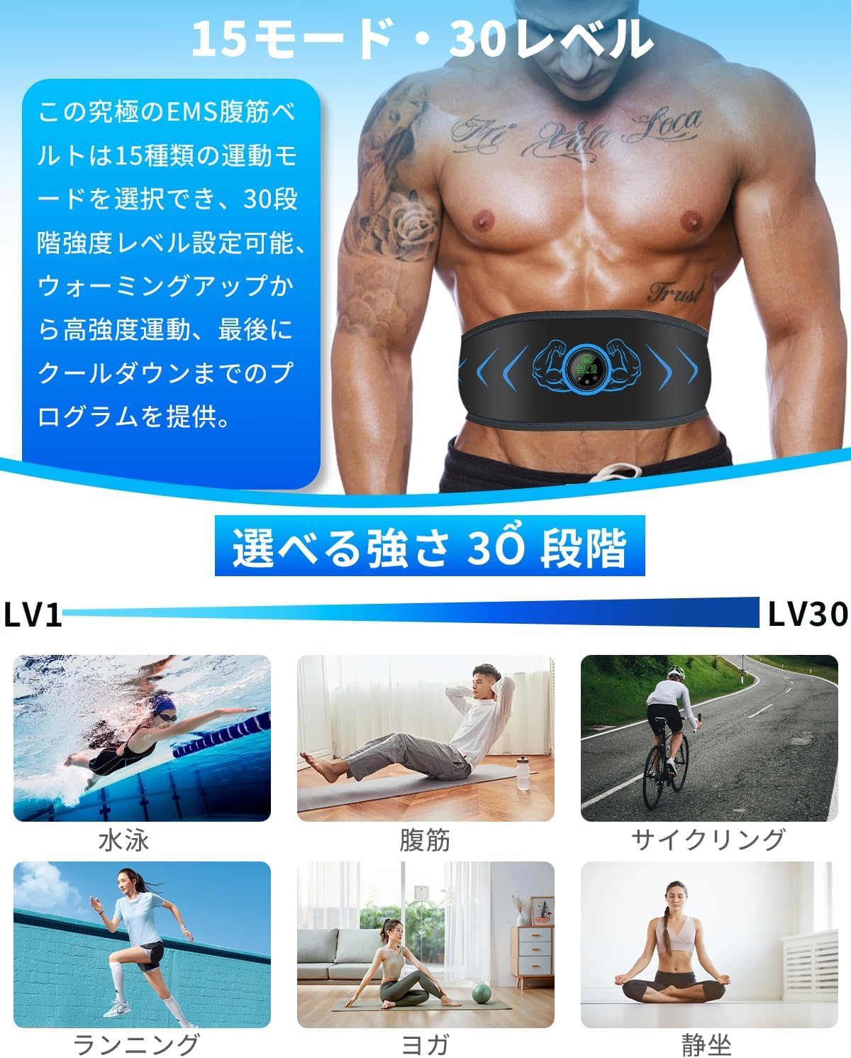 Amazon.co.jp: EMS腹筋ベルト 15種類モード 30段階強度調整 12枚伝導布