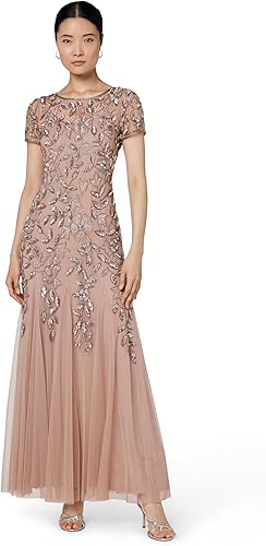 Adrianna Papell, Vestido de Godet con Cuentas Florales para Mujer, Oro Rosa, 2