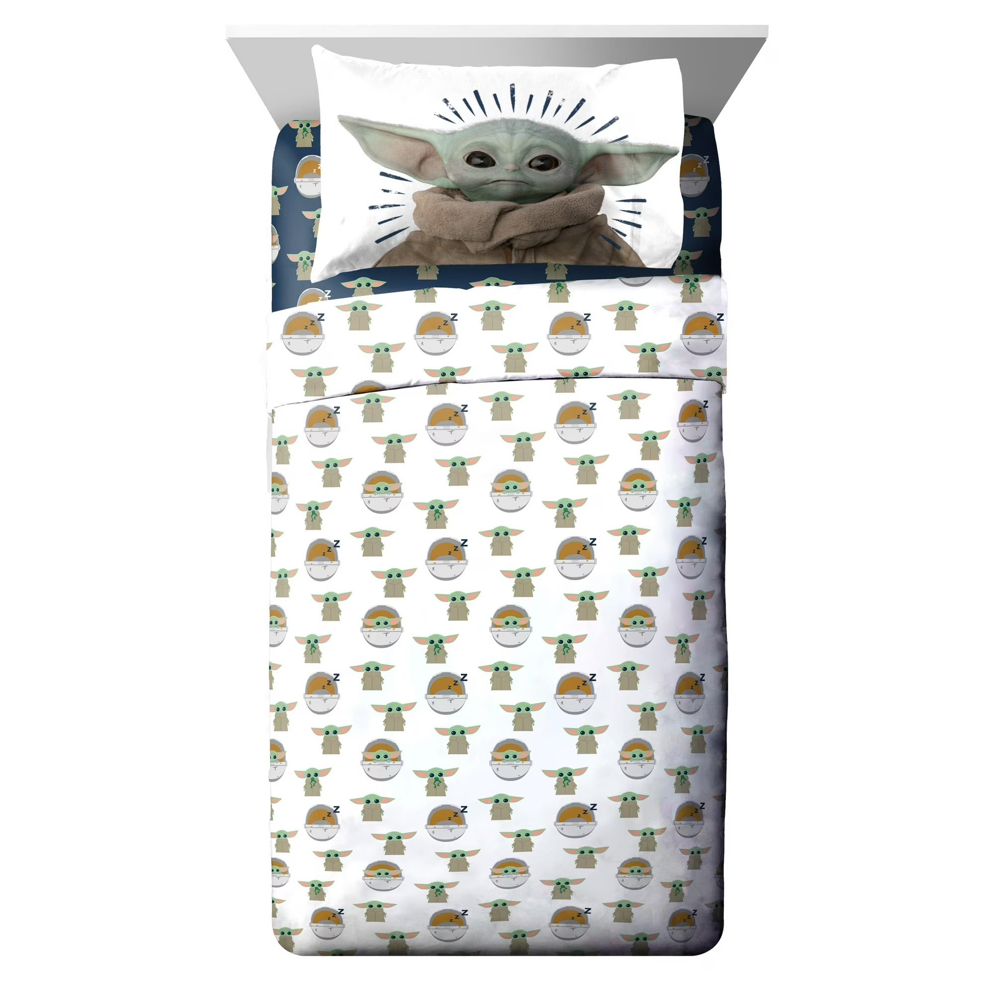 Jay Franco Baby Yoda Powerful Child 3-Piece Kids Twin Sheet Set, Microfiber, White, Star Wars