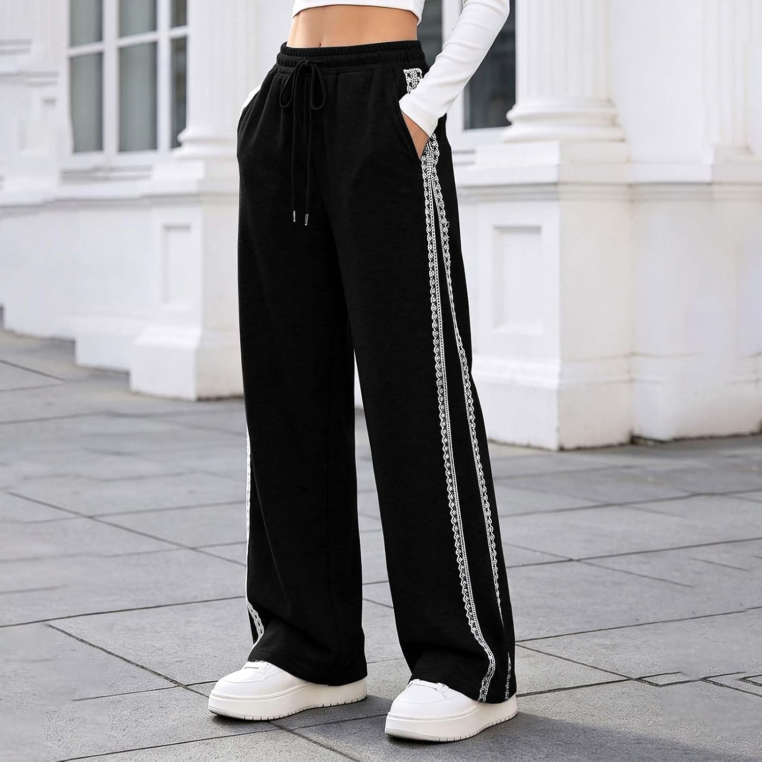 Womens Baggy Lace Trim Track Pants Hip Hop Dance Wide Leg Pants