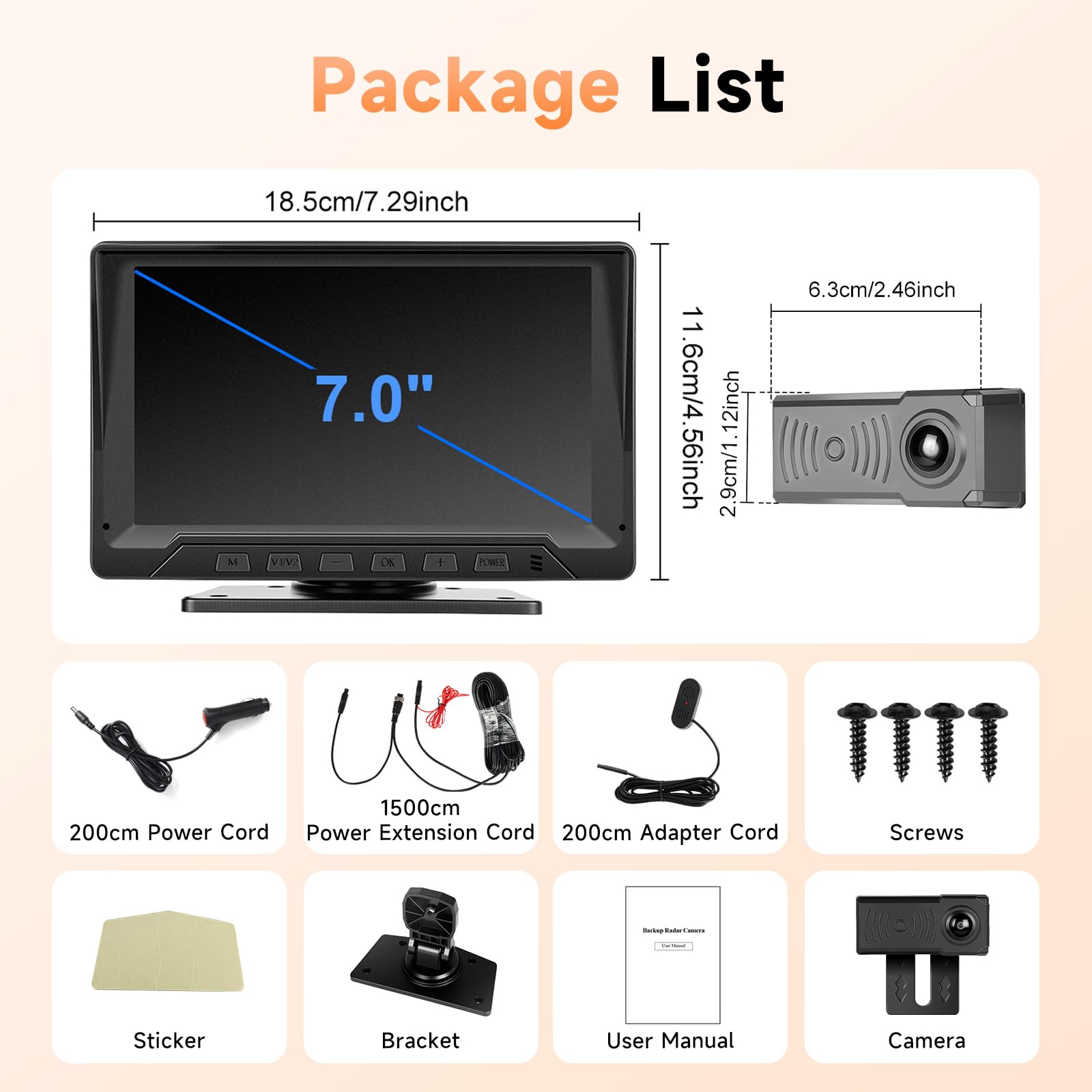Hodozzy Cámara de Marcha Atrás con Radar, 7 Pulgadas Pantalla 1080P Monitor con Visión Nocturna y IP68 Impermeable y Línea de Marcha Atrás Inteligente, Aparcamiento Cámara de Visión Trasera para 12V
