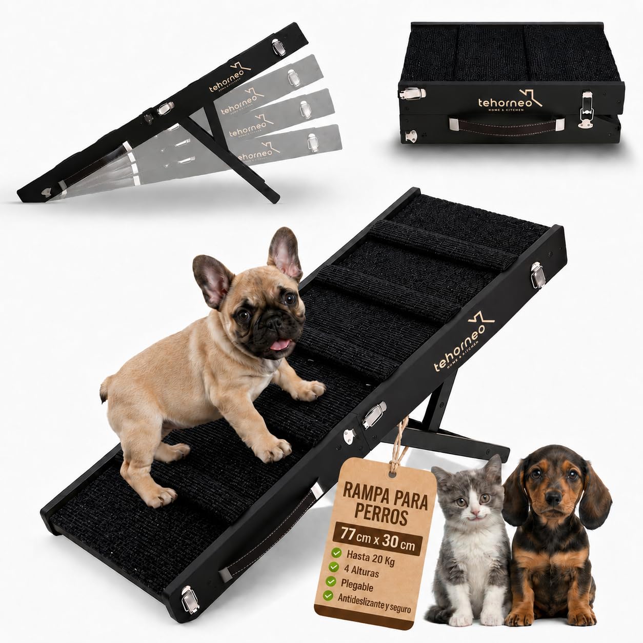 TEHORNEO Rampa para Perros, Rampa para Perros Cama 4 Alturas Ajustables 25 cm a 41 cm, Rampas para Perros hasta 20 KG con Almohadilla Antideslizante, Dog Ramp, Ramoa para Perros, Dog Ramp for Bed