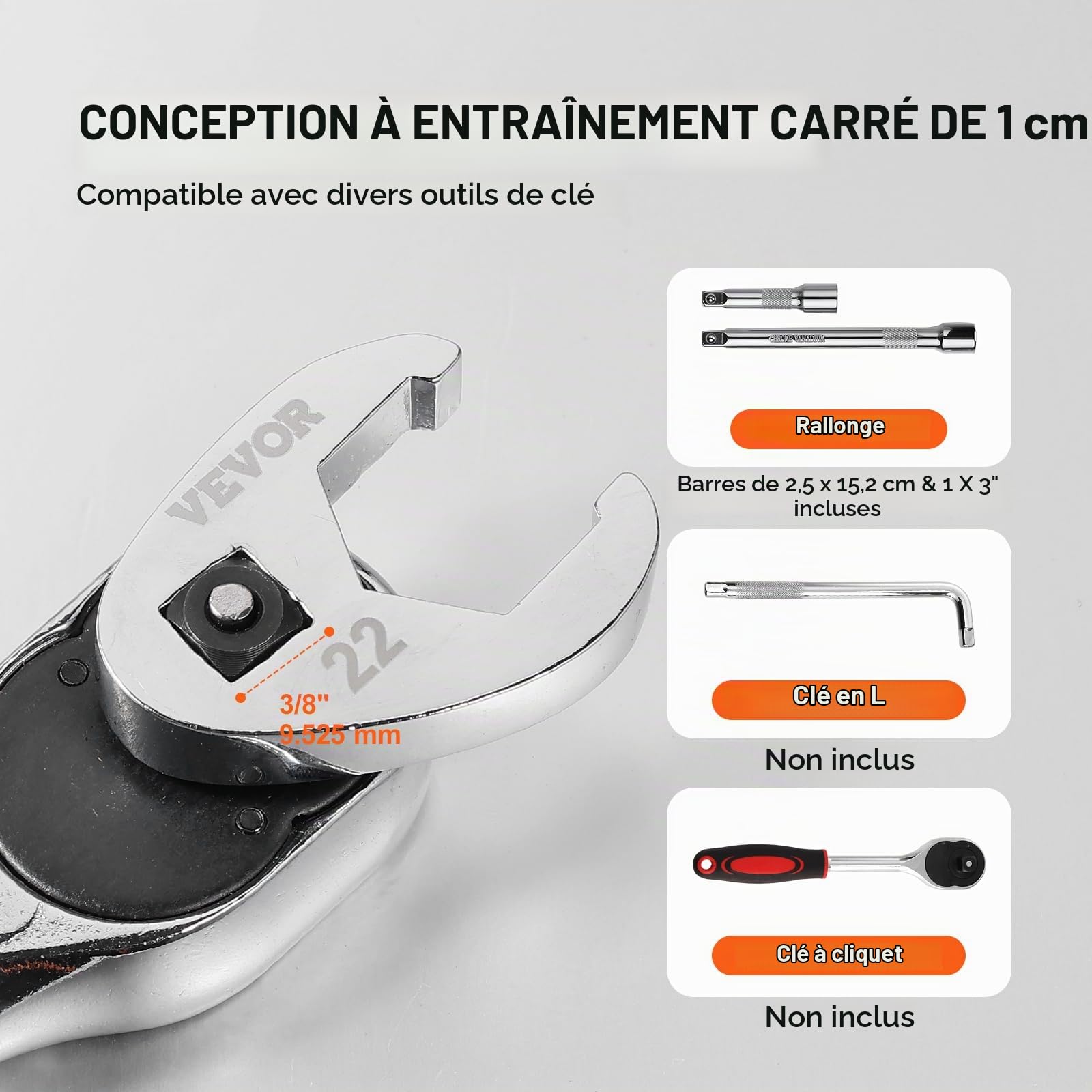 VEVOR Ensemble de Clés à Pattes d’Oie 24PCs Entraînement 3/8", Clé Pied de Biche SAE 3/8"-1" Métrique 10-22 mm, en Acier CR-MO avec Mallette, Compatible avec Clé Dynamométrique, pour Réparation Auto