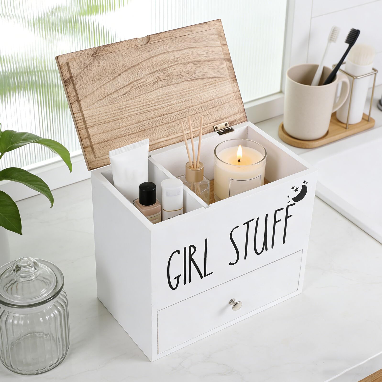 Porta Assorbenti per Bagno con Coperchio in Legno Bianco, Organizer per Assorbenti Igienici con Protezione Antiumidità e Ampia Capacità, Contenitore Compatto per Prodotti