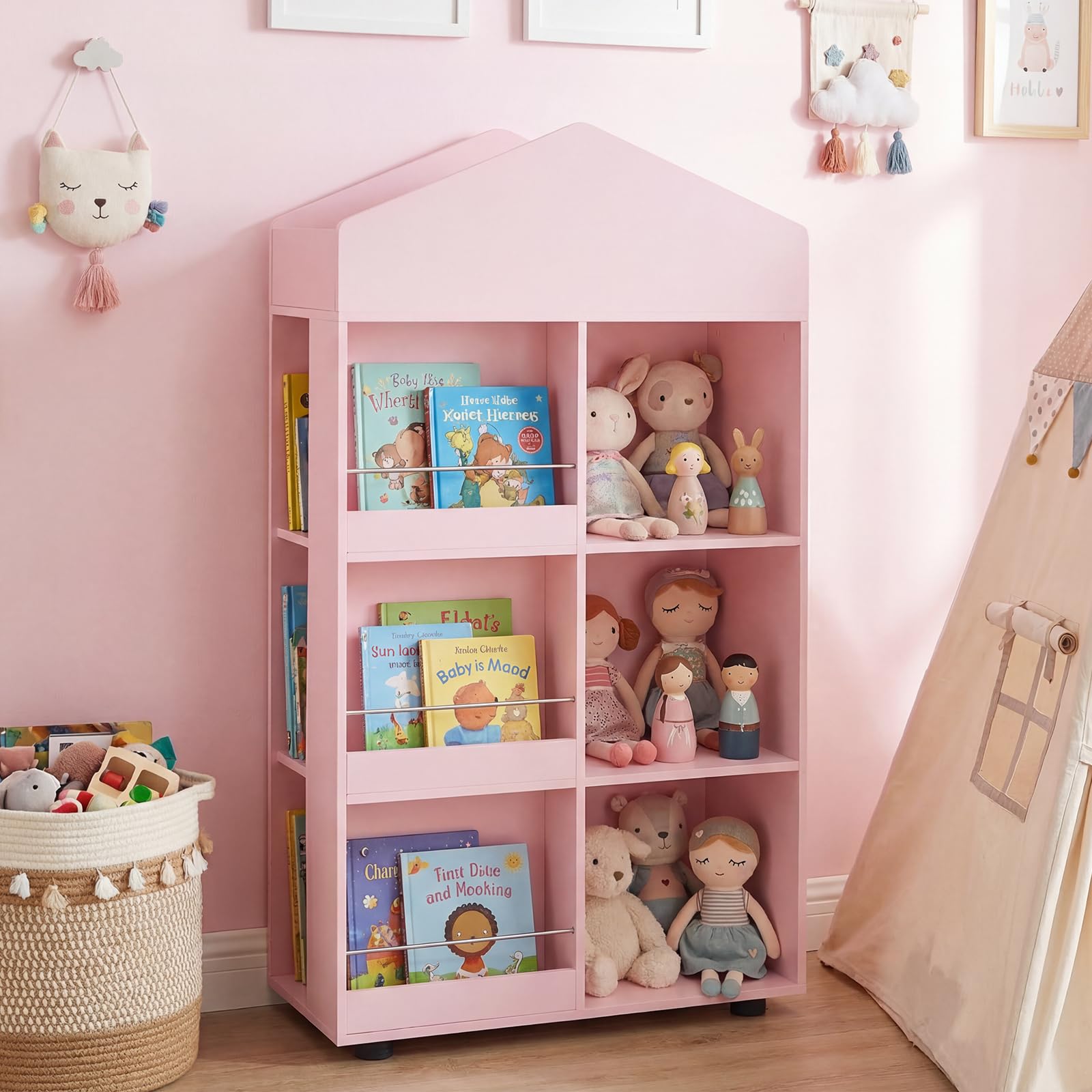 COSTWAY Estantería Infantil de Madera, Organizador Juguetes Tipo Casita de Muñecas con Compartimentos, Kits Antivuelco, Barras y Baffles Anticaída, Biblioteca para Sala de Juegos,64x30x116cm (Rosa)