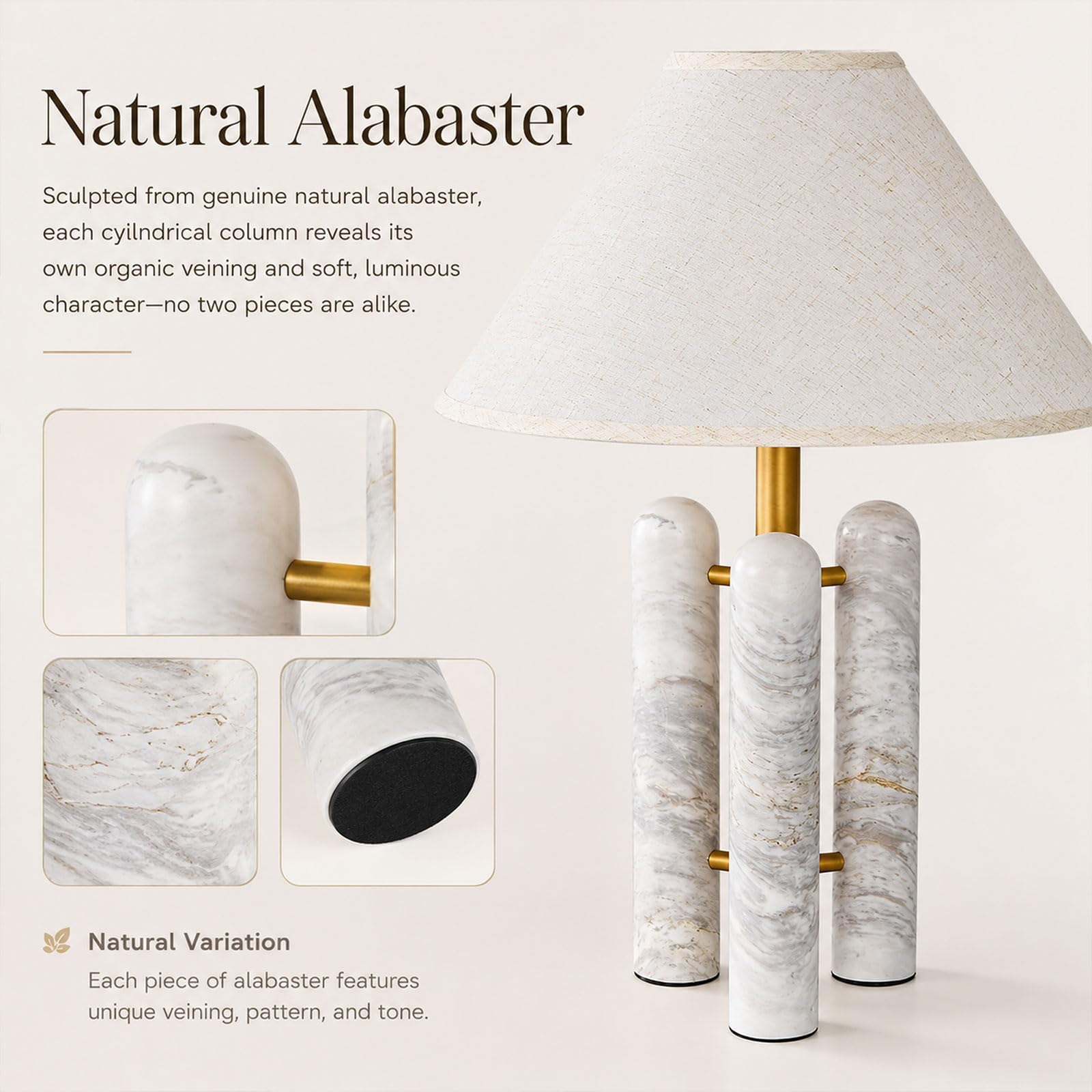 Lampada Da Tavolo In Alabastro Naturale 56 CM, Stile Mid-Century Modern, Vero Marmo; Comodino In Lino E27, Luce Notturna In Pietra A 3 Temperature Per Camera, Soggiorno, Ingresso E Ufficio