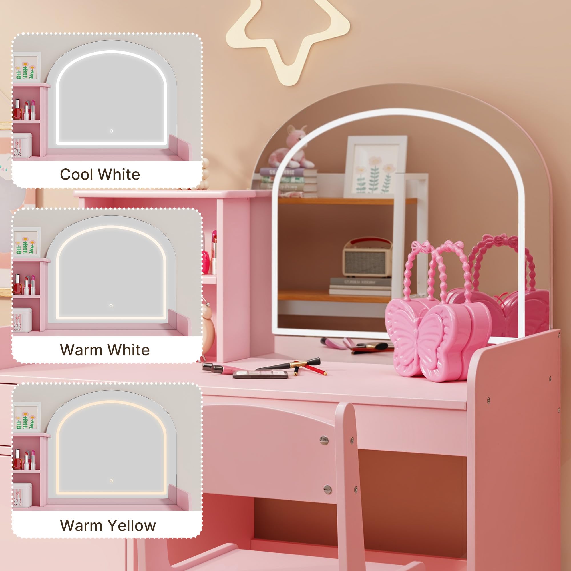 Gizoon Escritorio de tocador para niños con espejo y luces, color rosa