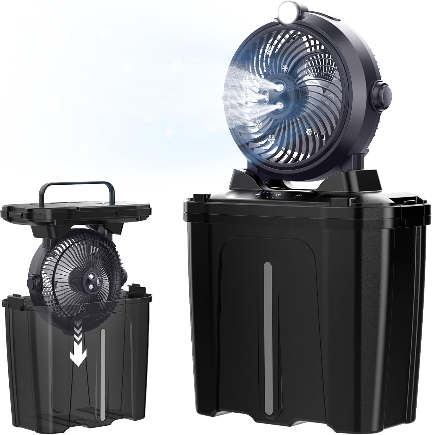 Portable Misting Fan with 11L Large Bucket for Outdoor Patios, 20000mAh Battery Operated Camping Fan with Hanging & Lighting, 3 Speed & 3 Spray Outlets, Rechargeable Fans for Fishing Garden