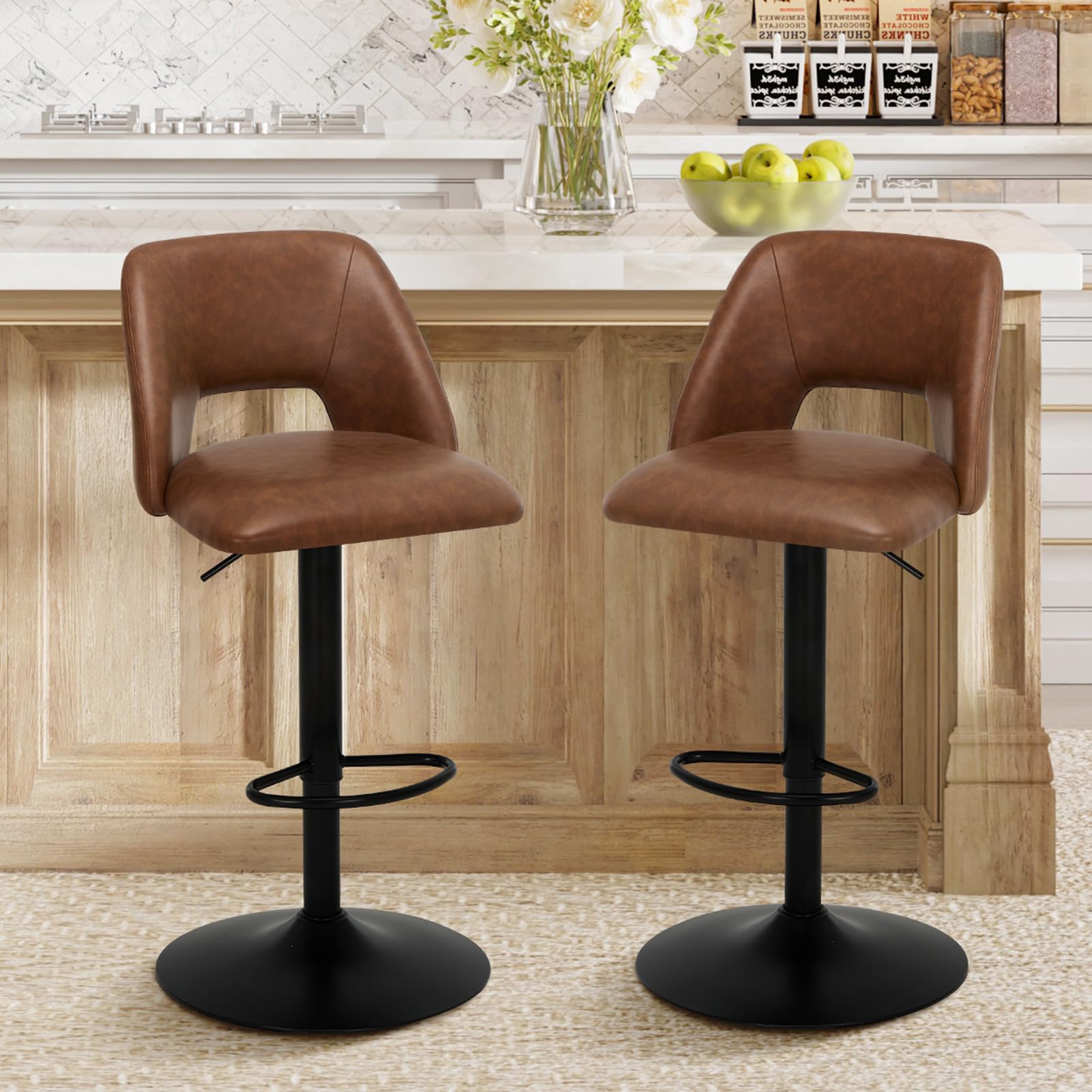 COLAMYBar Stools Set of 2, Modern Swivel Bar Chairs, Adjustable PU Leather Upholstered Barstools Counter Height with Full Backrest for Bar, Dining Room, Kitchen Island, Brown