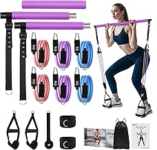 Fokky Elastici Fitness Pilates Essential Kit, Barra per Pilates con 6 Fasce Elastiche Fitness 20-180 LBS, Elastico Palestra Attrezzi Palestra Casa per Yoga, Crossfit, Stretching, Workout