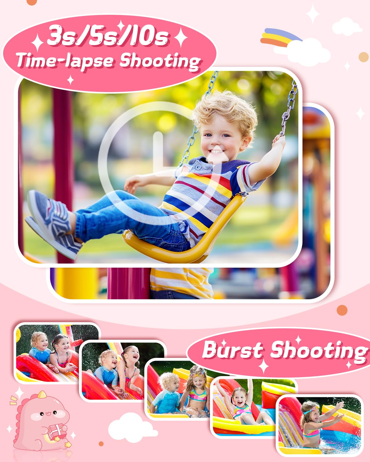Cámara de impresión instantánea para niños, cámara de impresión instantánea de dinosaurio para niños con video de 1080P, tarjeta SD de 32 GB, 240 fotos, regalos de cumpleaños de Navidad para niños y 5