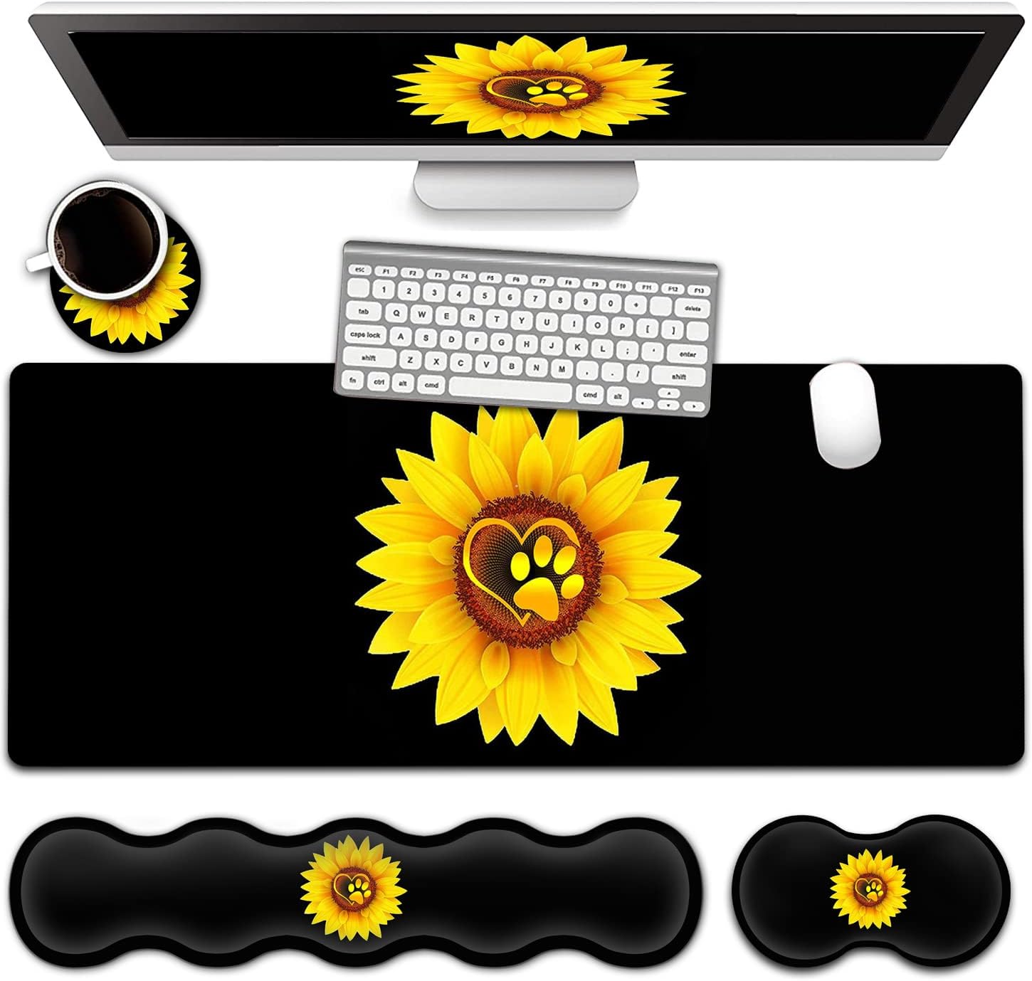 Gaming Mouse Pad Set, Large Mouse Pad and Ergonomic Memory Foam Keyboard Wrist Rest Support, Easy Typing Pain Relief Writing Mat, Extended Office Desk Mat Sunflower Dog Paw Print Black Mouse Pad