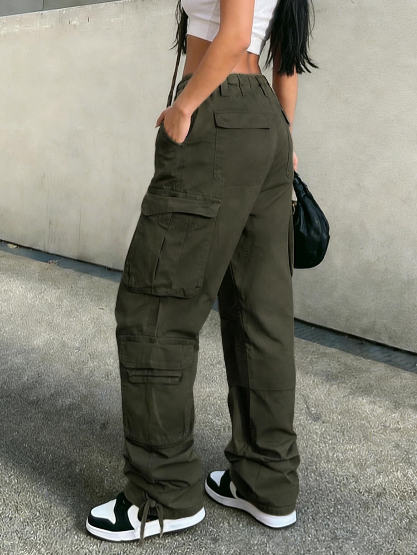 CLOAKA Pantalon cargo Y2k pour femme - Pantalon cargo ample en coton - Taille haute - Avec poches - Streetwear