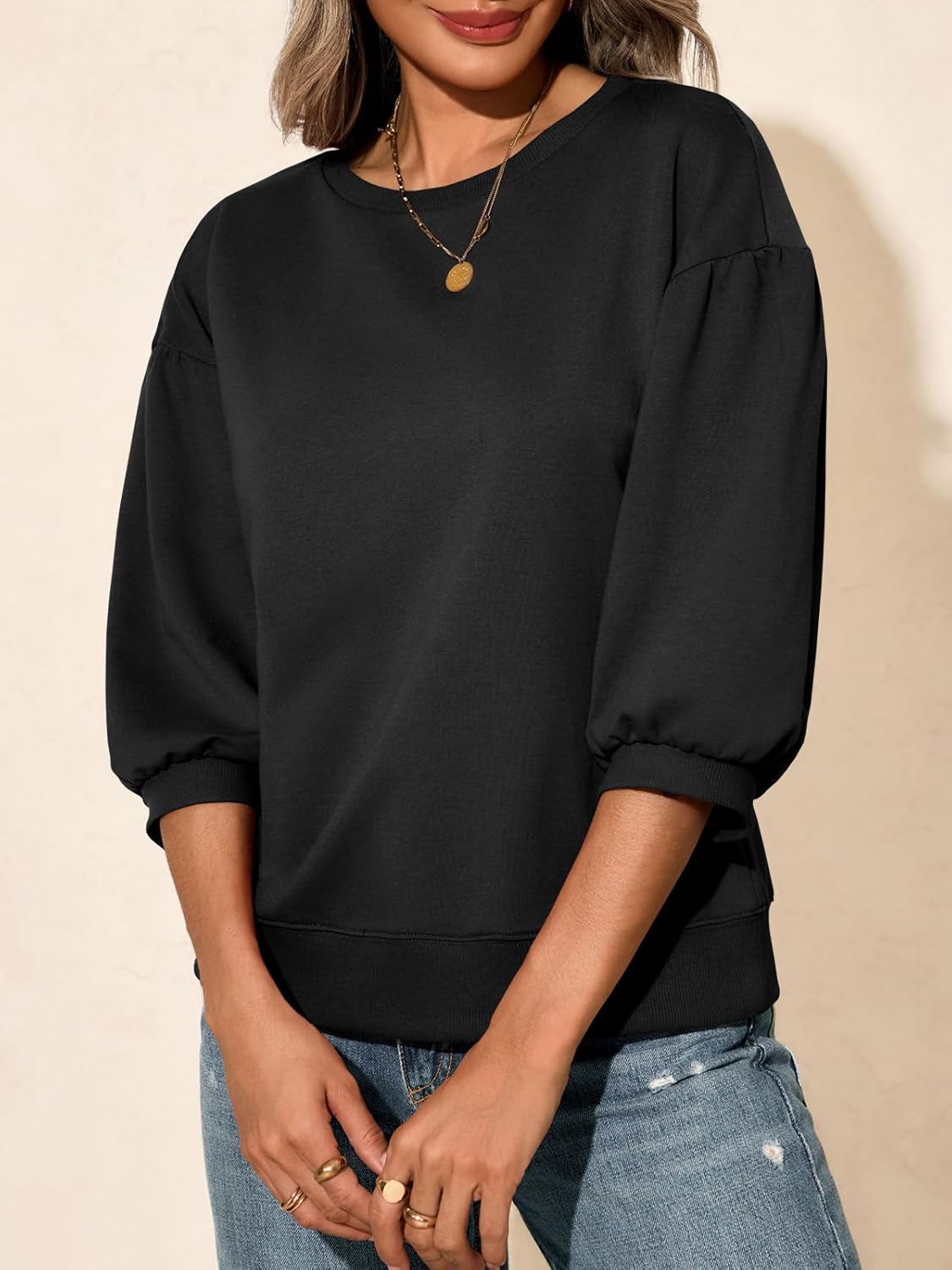 Fisoew Womens Crewneck Sweatshirts Casual Puff Sleeve Loose Fit Shirts Fall Tops - Image 4