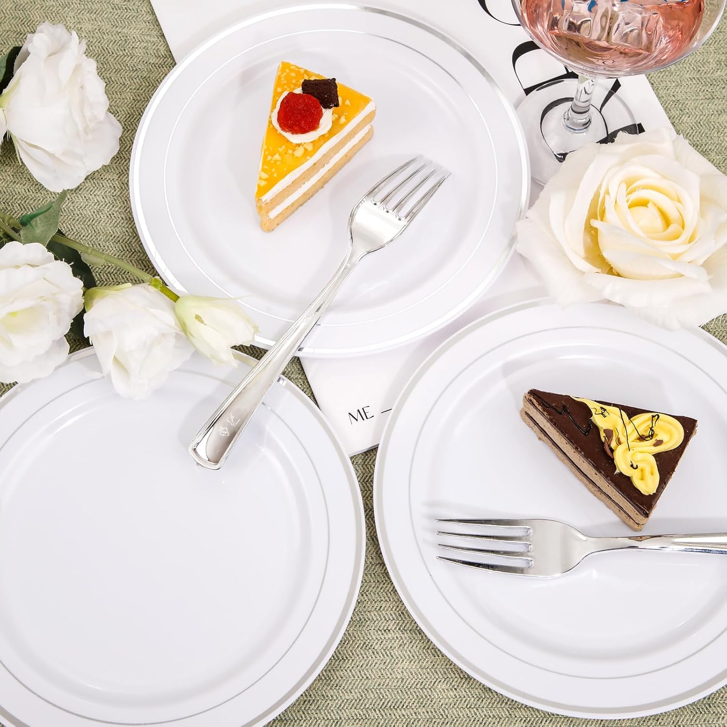 Nervure 204PCS Silver Plastic Plastes - 102PCS Disposable Silver Dessert Plates with 102PCS Plastic Forks Perfect for Salads, Desserts, Catering, Wedding & Parties