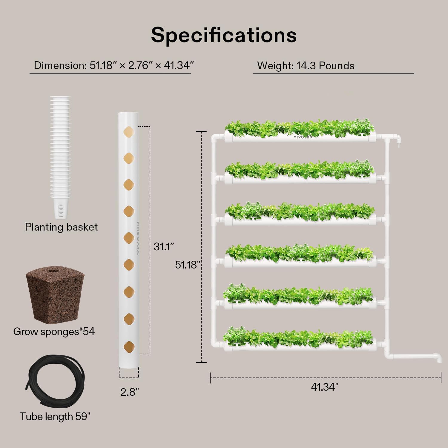 VIVOSUN Hydroponic Grow Kit, 54 Plant Sites 6 Food-Grade PVC-U Pipes Hydroponics Planting System with Water Pump, Pump Timer, Nest Basket and Sponge for Leafy Vegetable