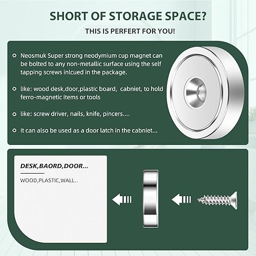 Vista 66 de Neosmuk Imanes con tornillos, imán de disco de neodimio fuerte de 130 libras con agujeros en el centro, imán de taza con orificio de montaje