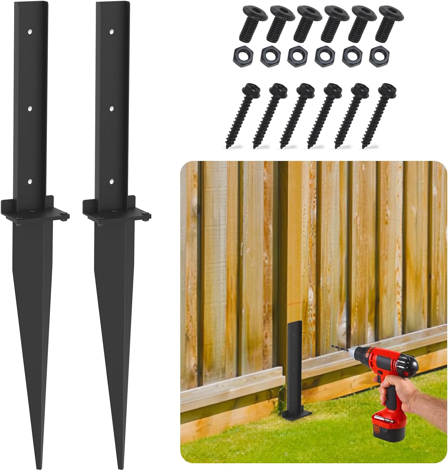 Fence Post Repair Kit, 2-Pack Fence Post Anchor with 3mm Heavy Duty Plate, 15.7-Inch Depth Metal Ground Spikes for Repairing Wood Post, Mailbox, Deck Railing, Black