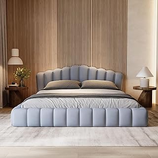 Velvet Upholstered Bed Frame Queen,Wood Modern Floor Bed with Shell Head...