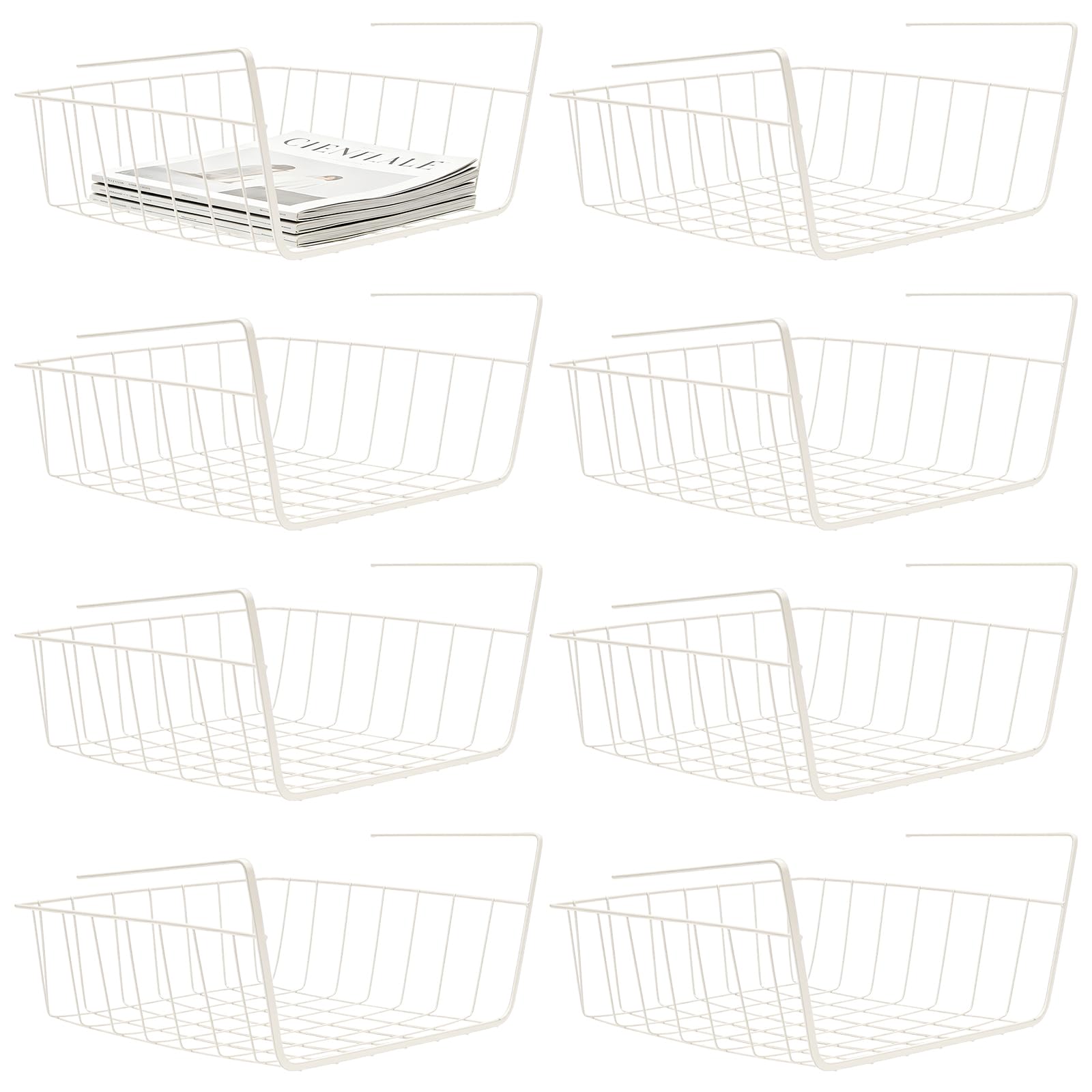 8 cestas de alambre blanco para debajo de los estantes, cesta de alambre colgante para almacenamiento debajo de armarios de cocina, encimeras de cocina, despensas, escritorios, 31,4 x 24,2 x