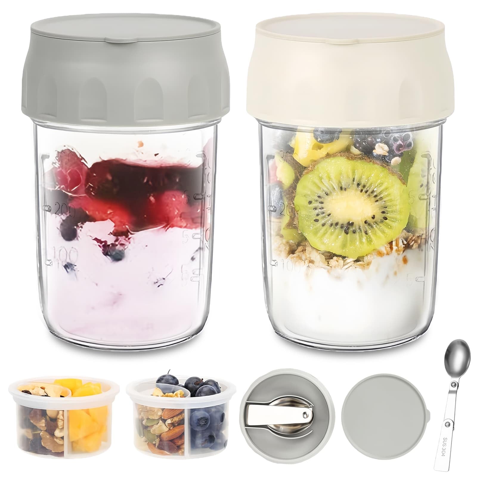 Yblue White/Grey 2 Pack Overnight Oats Jar Containers With Lids, Folding Spoons And Divided Compartments For Fruit & Nuts, Reusable 16Oz Containers For Snack For Oatmeal, Chia Pudding, Yogurt, Salad()