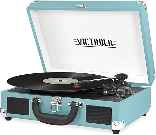 Miniatura 12 de Victrola Journey Tocadiscos Portátil de Maleta con Bluetooth – con Altavoces Integrados, Tocadiscos de Vinilo de 3 Velocidades, Salida RCA, Conector