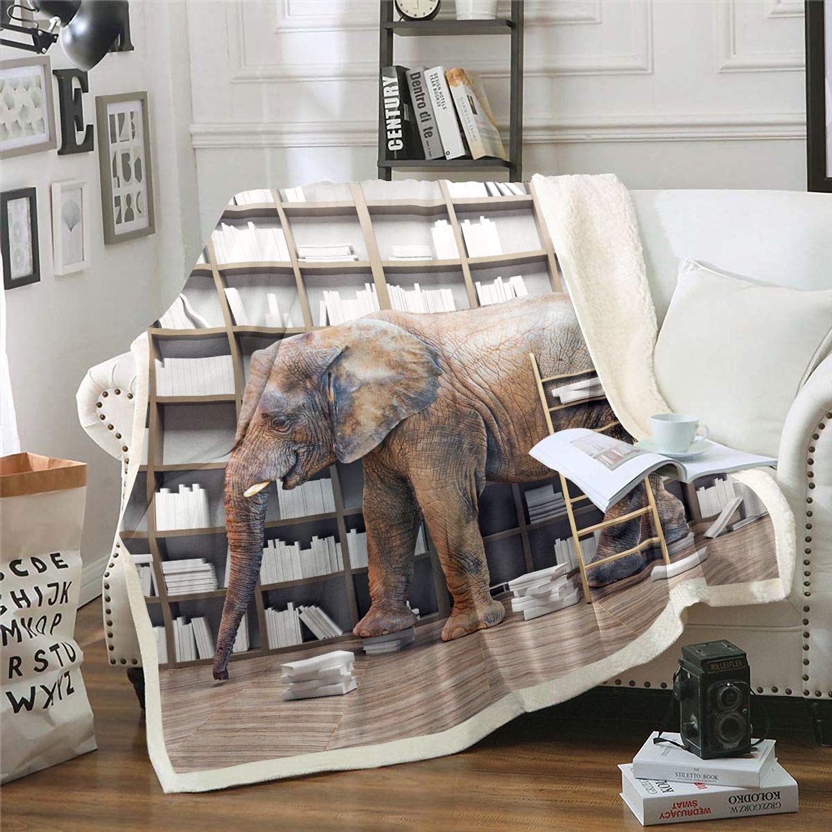 Elephant Fleece Throw Blanket Boho Exotic Style Sherpa Blanket for Bed Sofa Wild Animal Plush Blanket Wood Stripes Abstract Art Fuzzy Blanket Room Decor Double 60"x79"