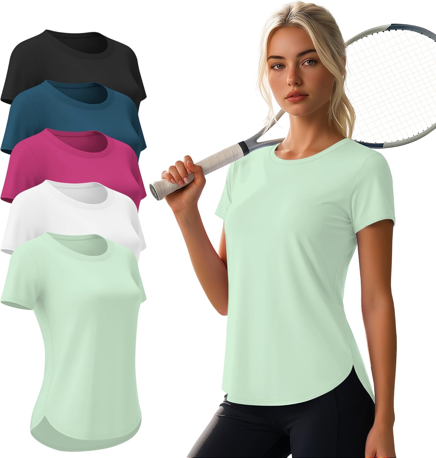 5 Pack Women's Workout Tops Athletic UPF 50+ T-Shirts Quick Dry Crewneck Short Sleeve Tees with Side Slits Shirts