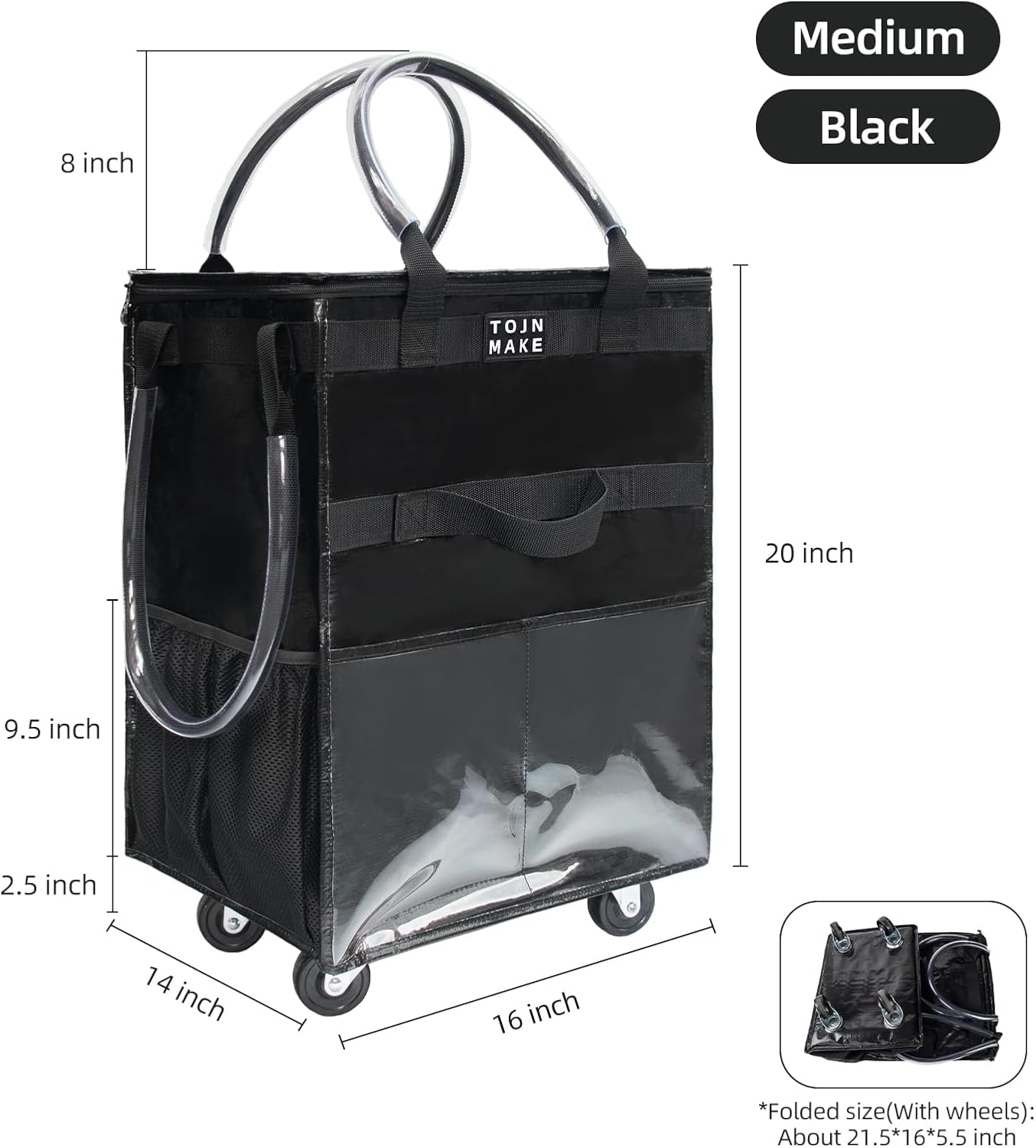 Reusable Grocery Bag On Wheels(Medium -Black), Rolling Tote Bag, Shopping Cart with 8 Pockets and Zipper Cover for Trips, Foldable, Heavy Duty Handles, Carries Up to 46LBS - Image 2