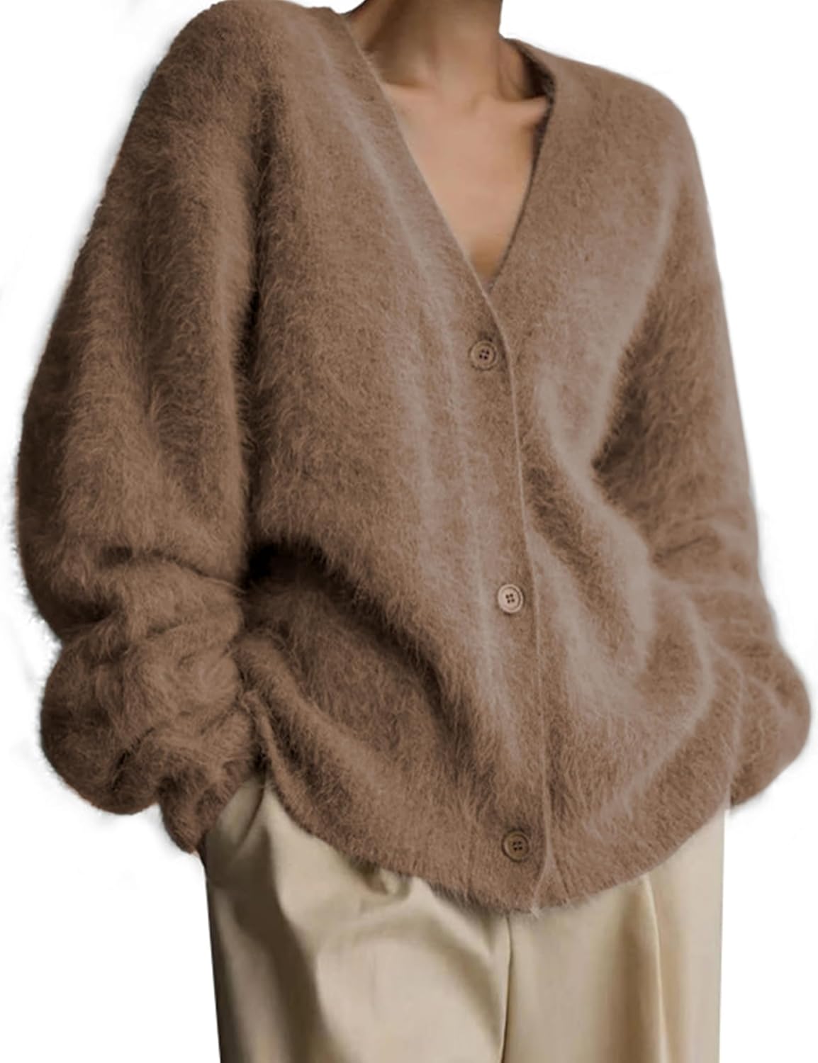 Fuzzy Cardigan Sweaters for Women V Neck Button Down Fluffy Knit Sweater Long Sleeve Cardigan Sweater Coat 2025