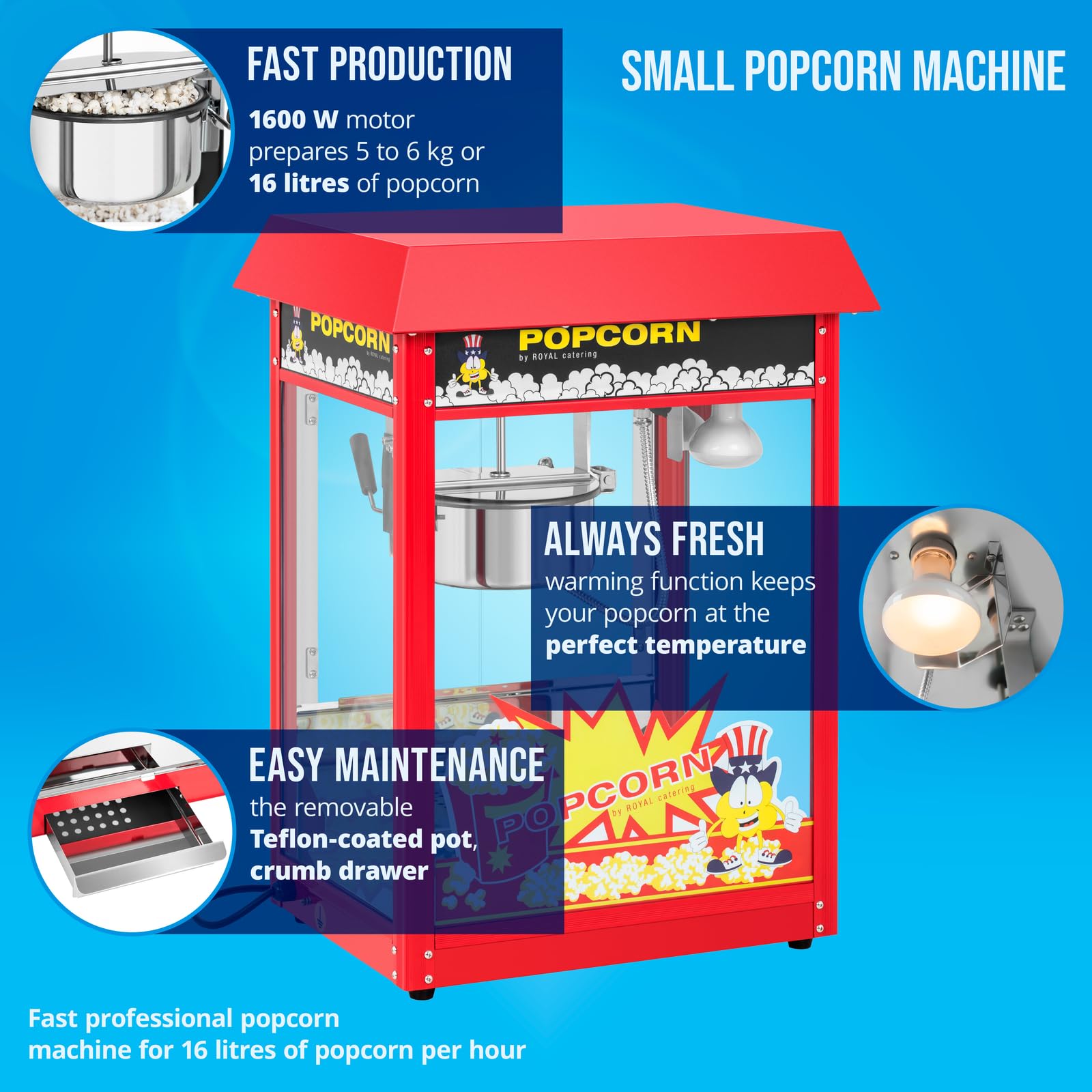 Royal Catering Macchina per Pop Corn (Tetto rosso, Ciclo di Lavoro 120 s, 1.500 W, 250 °C) Macchina per Fare i Pop-Corn