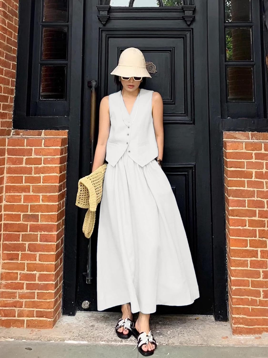 ELLEVEN 2 Piece Linen Sets for Women Summer Outfit,V-Neck Vest Top & Flowy Maxi Skirt - Image 5