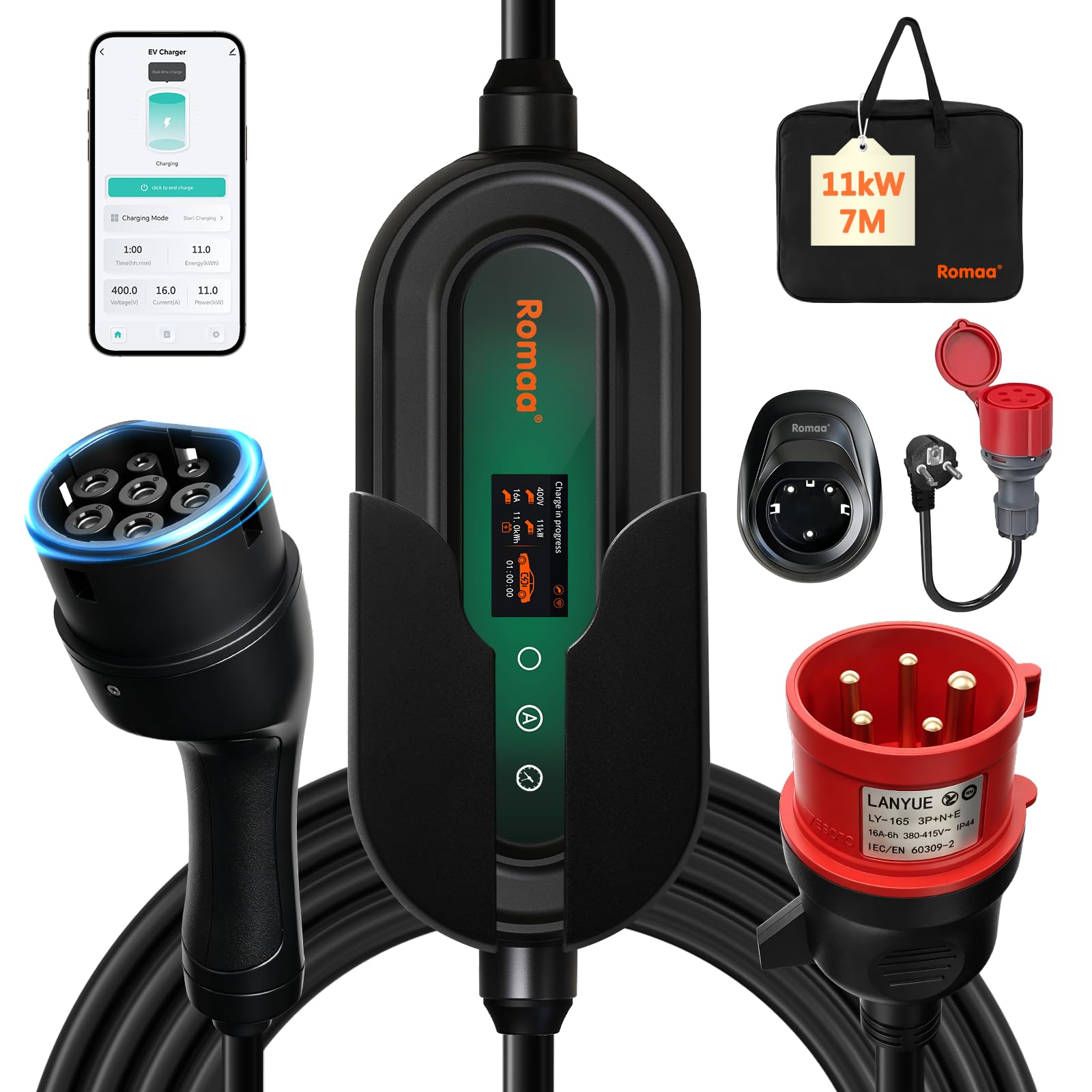 Mobile Wallbox 11kW mit App, [3-Phasig, 7m, 8-16A] Einstellbarer Ladegerät mit FI Schutzschalter, CEE 16A auf Typ 2 Ladekabel, 1,9" LCD EV Charger mit Schuko Adapter, IP66 Wandmontage Ladestation