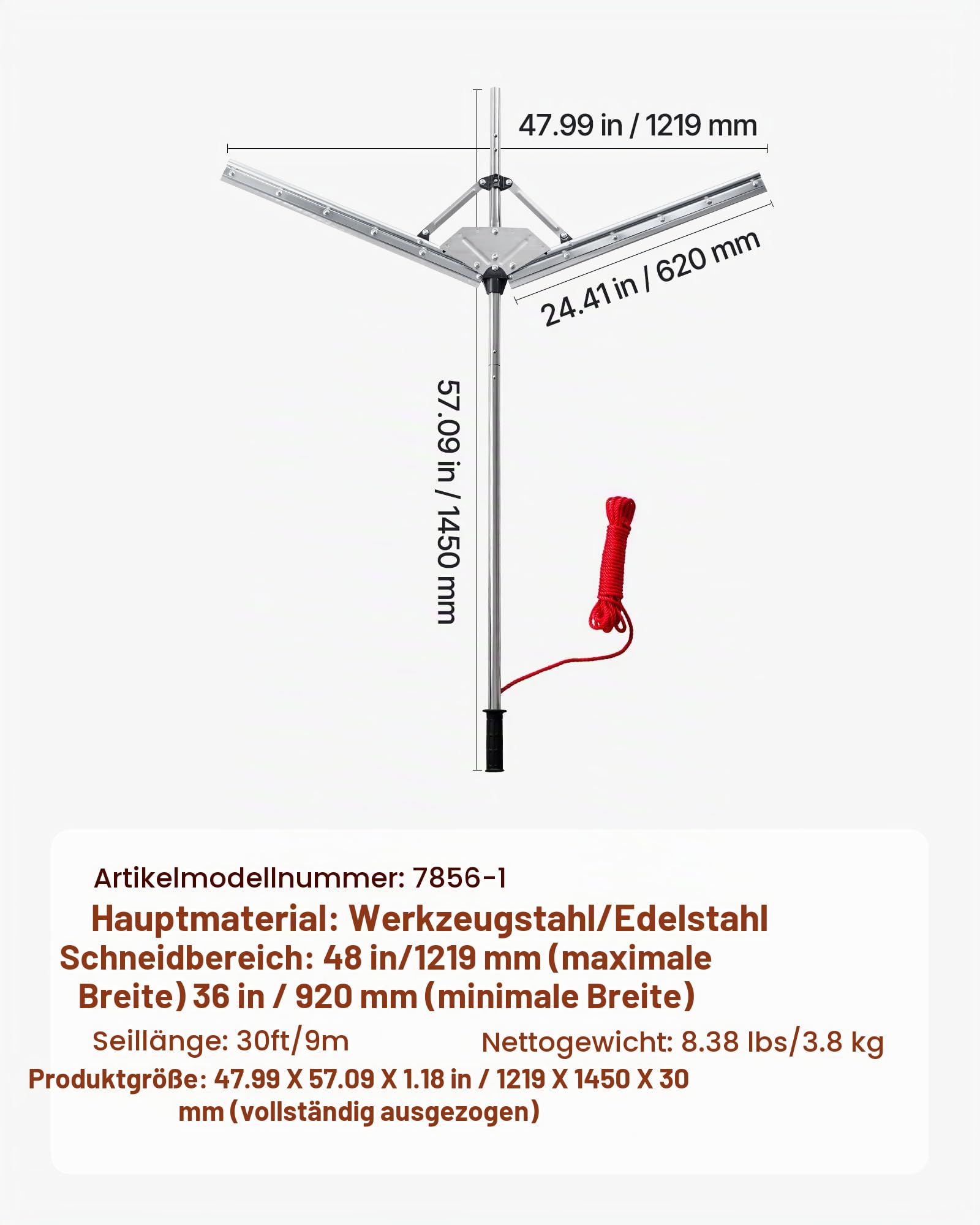 VEVOR Teichrechen, Wasser Unkrautrechen mit 1219 mm max. Schnittbreite, Stahlklingen, See-Unkrautschneider mit 9 m Nylonseil, Seerechen zum Entfernen von Rohrkolben, Schilf, Seerosenblätter