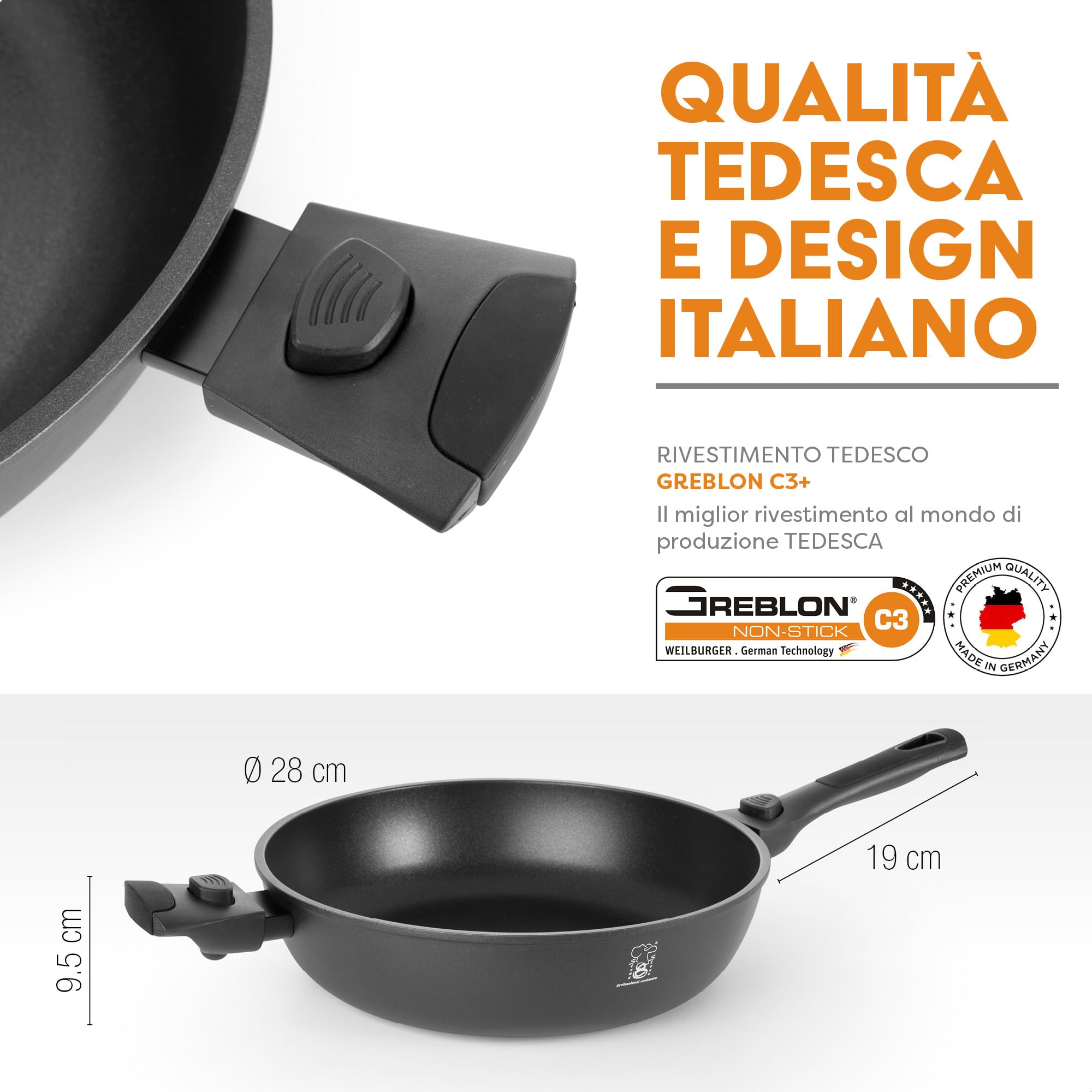 Stone&Stone Poêle à Frire 28CM x 7,5CM Professionnel adaptée à induction Gas Super antiadhésive allemand Résistante à la corrosion Anti-rayures en aluminium et acier Cuisson saine Sans PFOA Couvercle