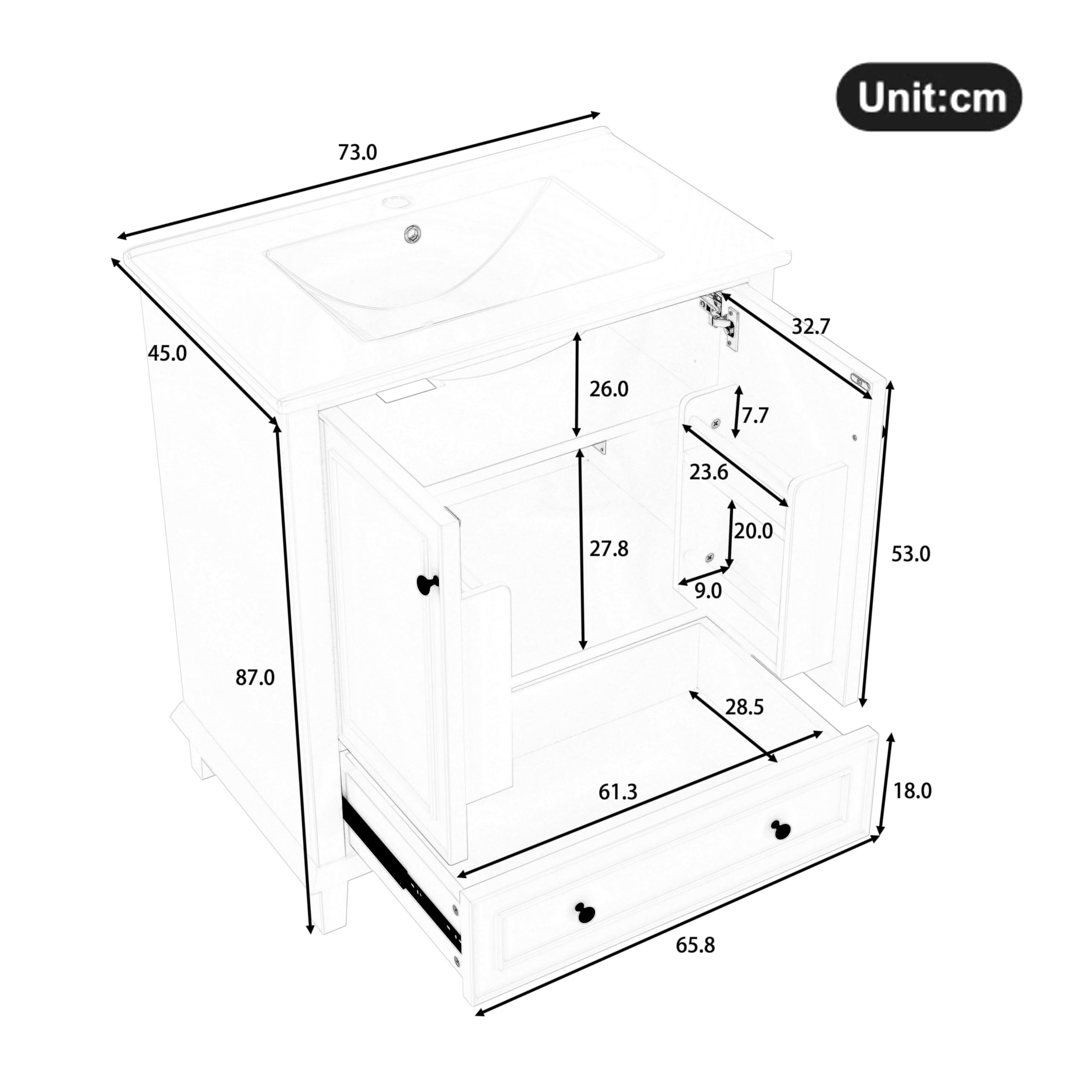 Dolamaní Set di mobili da bagno, 73 x 45 x 87 cm, lavabo con mobiletto, ampio spazio con 2 ante e un cassetto scorrevole silenzioso, per bagno, ospiti, WC e bagno (grigio)