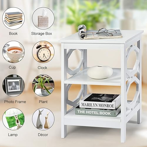 Miniatura 7 de KOTEK Juego de 2 mesitas de noche de 3 niveles, mesa auxiliar de sofá de madera con estantes de almacenamiento, estructura estable, mesa auxiliar