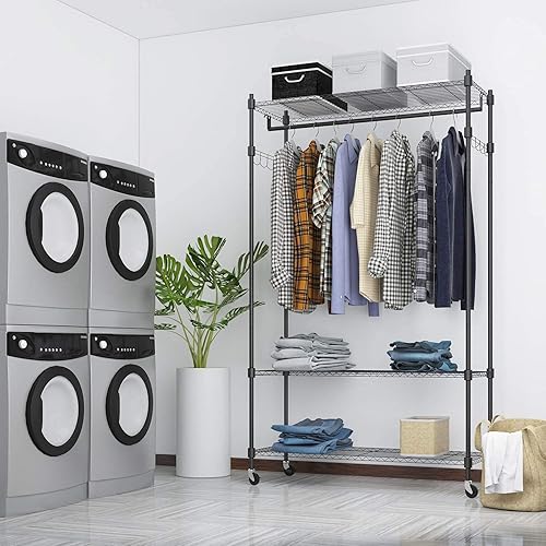 Vista 3 de BATHWA Perchero de ropa con ruedas y estante de alambre ajustable, perchero de 3 niveles que incluye 1 barra para colgar ropa, 1 gancho giratorio