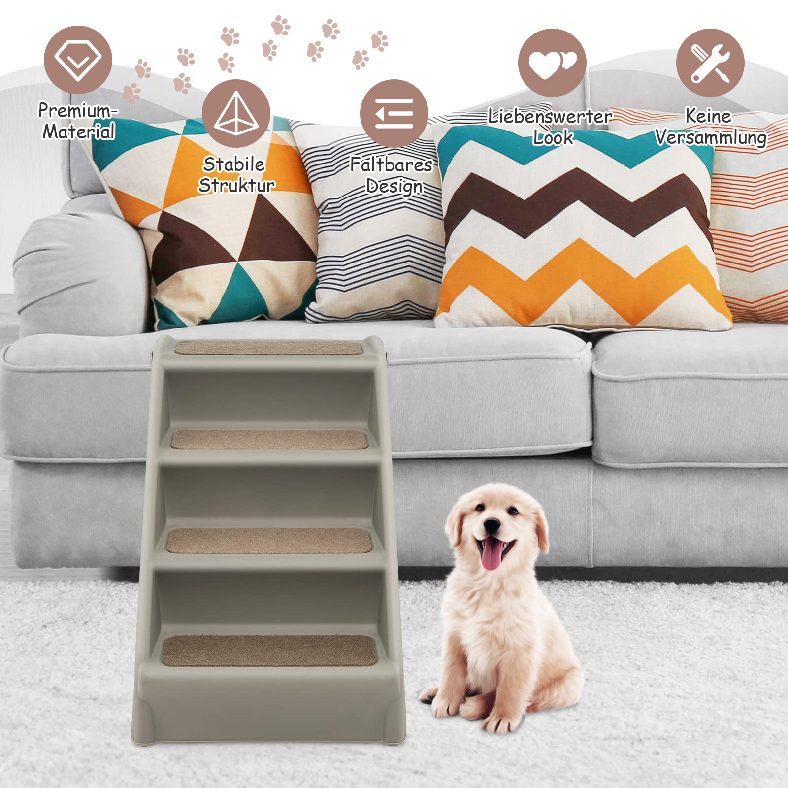 GOPLUS Escalera Plegable para Mascotas con 4 Peldaños, Escalera para Perros de Plástico, Rampa para Mascotas Portátil con Superficie Antideslizante, para Cama Sofá Coche, Carga Máxima 60KG, Gris