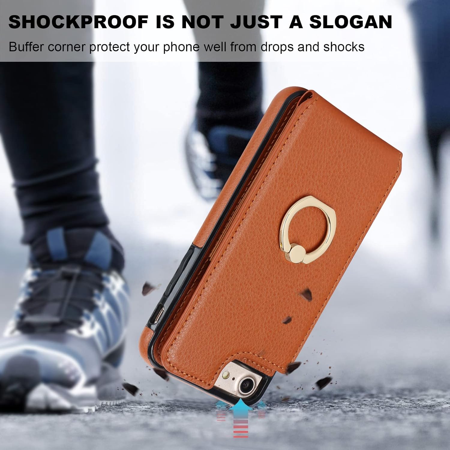 Folosu for iPhone SE(2022) iPhone SE(2020) iPhone 7/8 Wallet Case with Card Holder, 360°Rotation Ring Holder Kickstand Protective RFID Blocking PU Leather Flip Shockproof Cover 4.7 Inch Brown