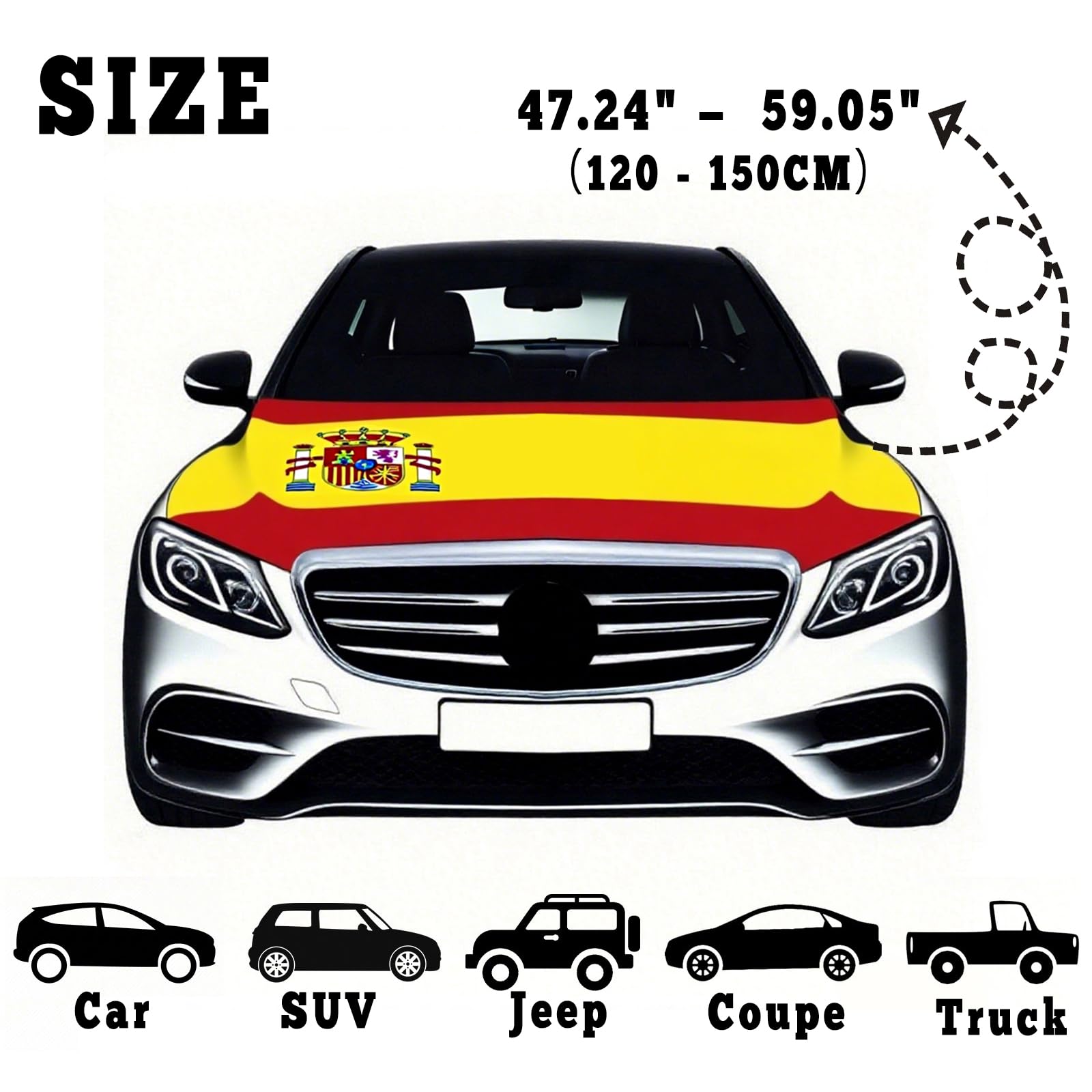 Funda para Coche Bandera de España, 63 x 47 Pulgadas, Cubierta para Coche，Lavable, Duradera, Banda elástica de poliéster, Ajuste Universal para automóviles