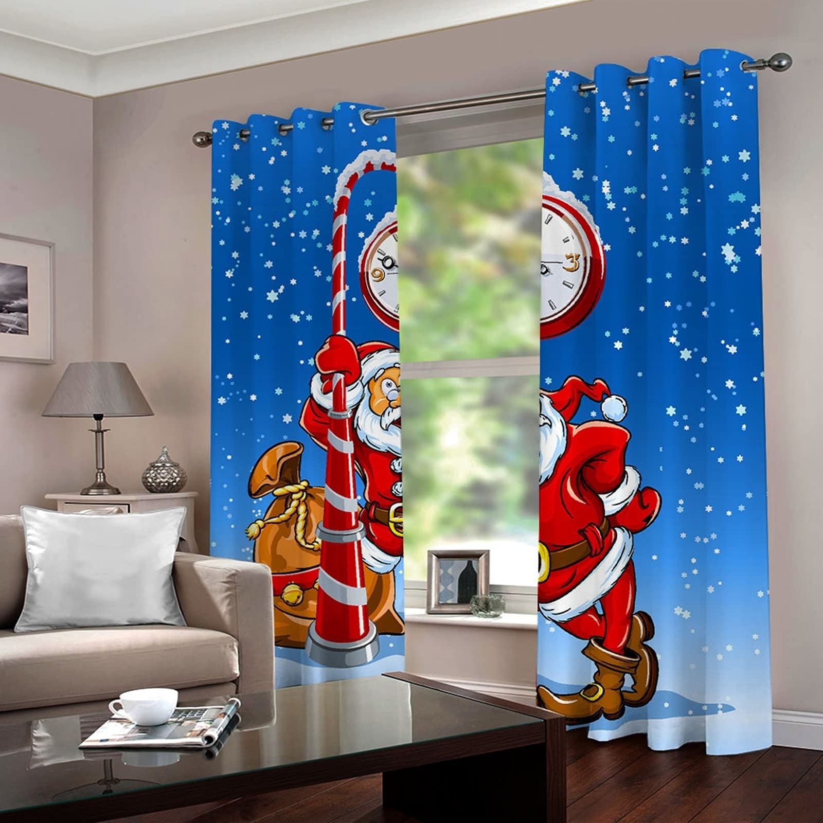 Święty Mikołaj pod zegarem zasłony do salonu, zasłony zaciemniające do salonu 2 panele, szer. 106 cm x dł. 213 cm