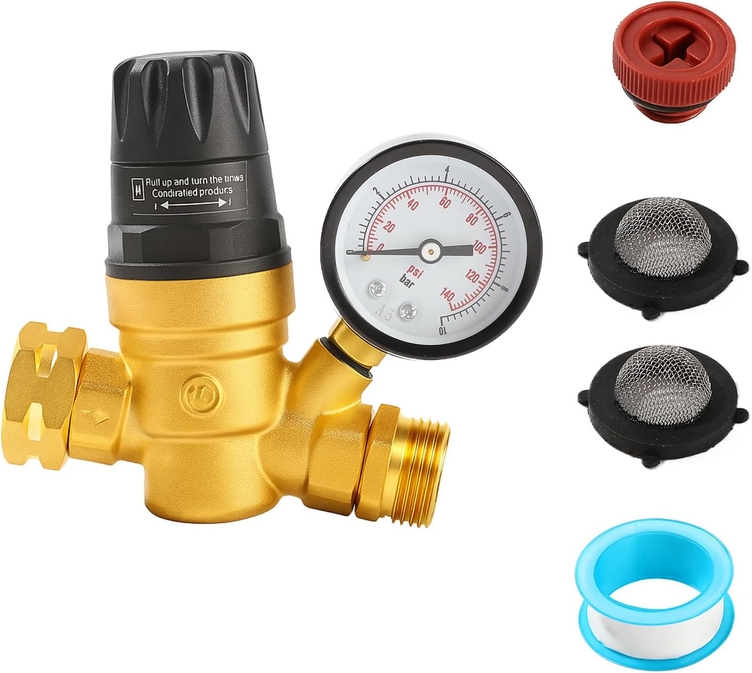 RV Water Pressure Regulator for Camper Travel Trailer with 0-160 PSI Gauge, Reducer Valve Filter, Lead-Free Brass Water Pressure Regulator Includes 1 PTFE Tape