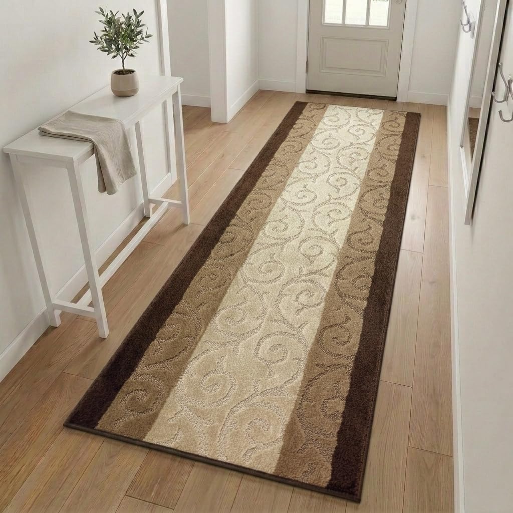 7 FT Long Non-Slip Washable Carpet Runner Rug with Rubber Backing, (31" X 7') Custom Floor Mat for Kitchen Hallway Stairs Bedroom Bathroom Entry, Damask Anthracite Gray, Your Choice of Length