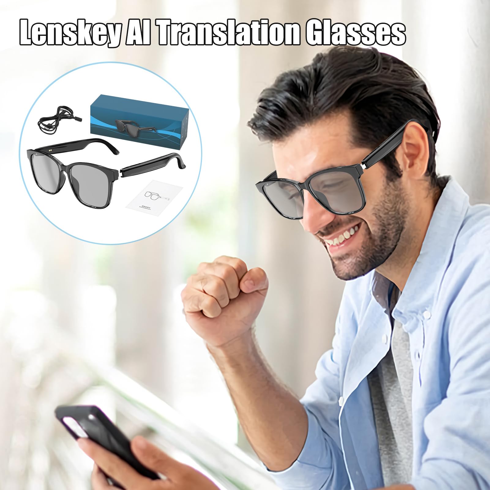 Lunettes Connectées, Lunettes Intelligentes avec Traduction en Temps Réel, Communication Multilingue 144 Langues pour Professionnels Hommes Femmes
