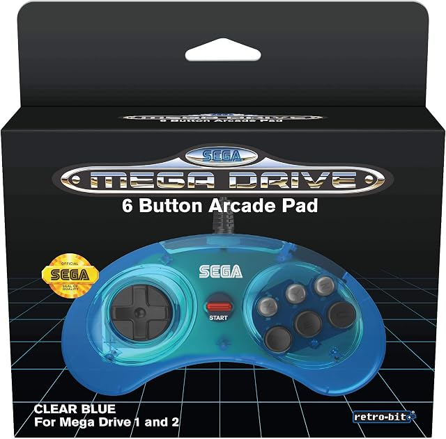 Retro-Bit Official SEGA Mega Drive Controller 6-Button Arcade Pad for Sega Mega Drive/Genesis - Original Port - Clear Blue